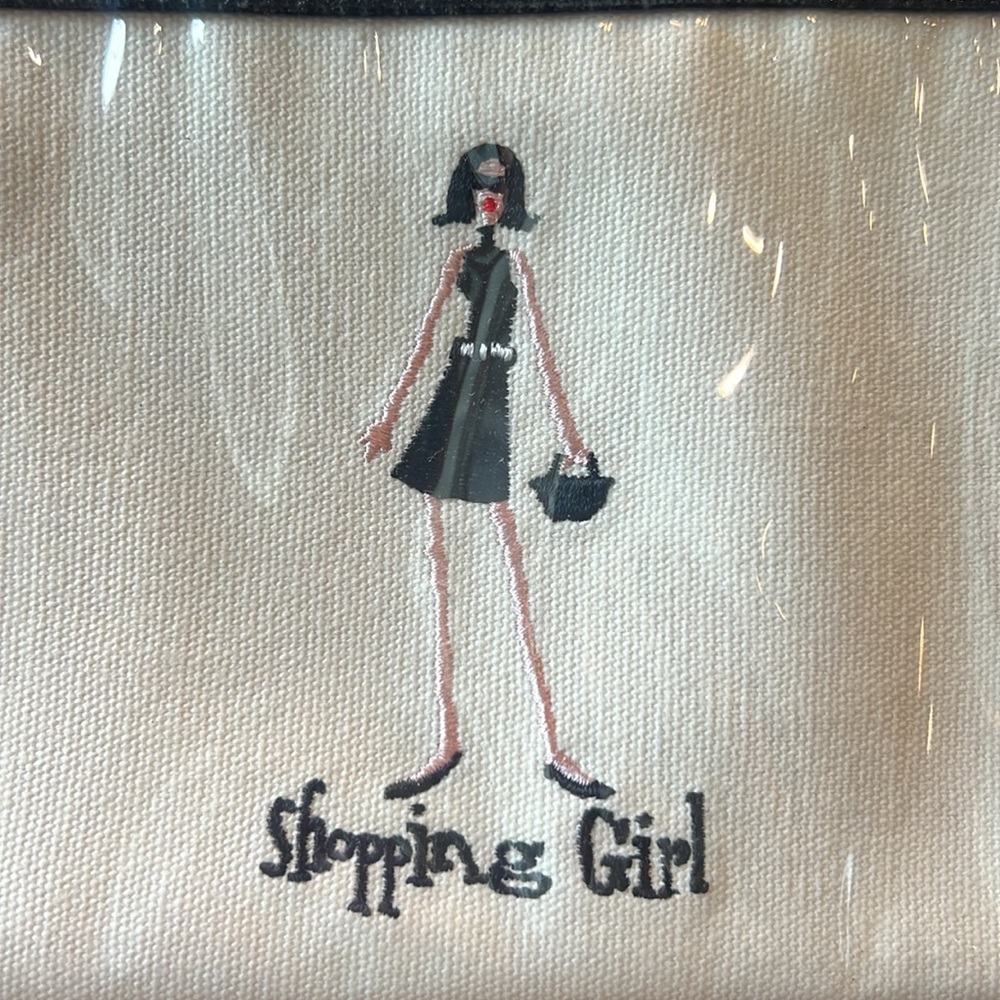 The Girls SHOPPING GIRL Embroidered Canvas Plastic Triangle Zip Cosmetic Bag - Picture 3 of 7